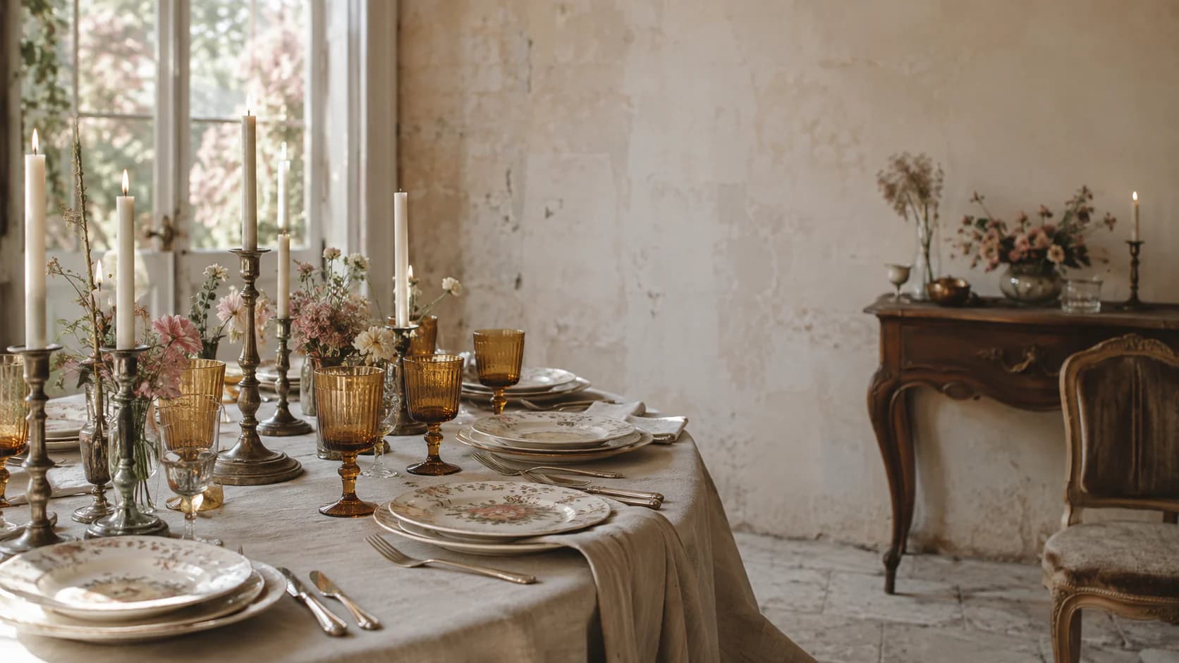 Table de réception dressée avec vaisselle ancienne, verrerie ambrée et chandeliers