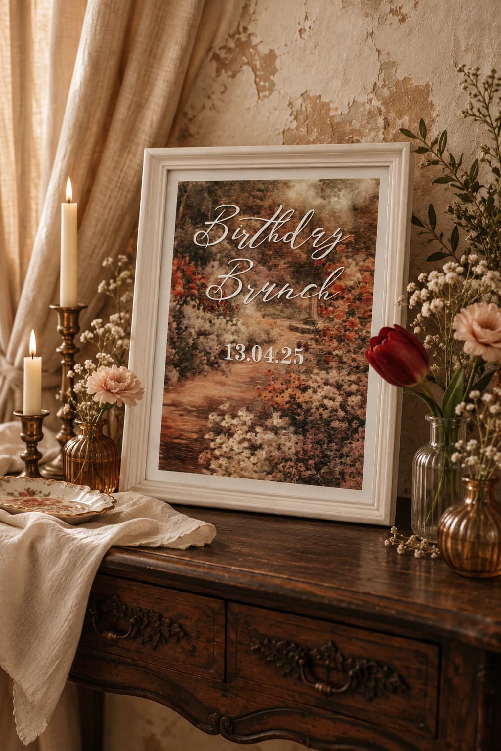 Panneau Birthday Brunch personnalisé dans un décor de réception vintage